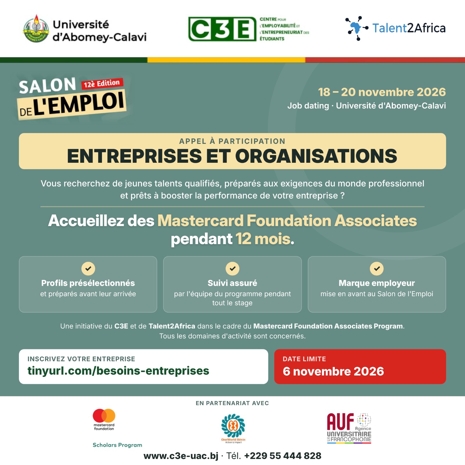 SALON DE L'EMPLOI -12 ÈME ÉDITION Le C3E s'associe à Talents2Afrique à travers le Mastercard Fondation Association Program ENTREPRISES 