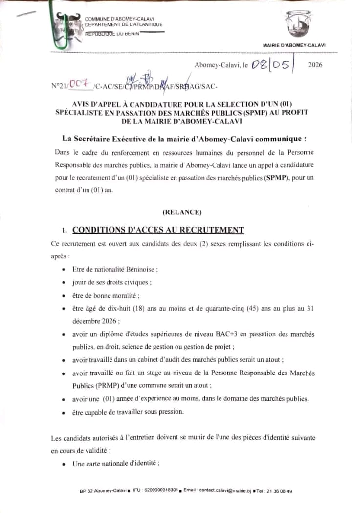 AVIS D'APPEL À CANDIDATURE POUR LA SELECTION D'UN (01) SPÉCIALISTE EN PASSATION DES MARCHÉS PUBLICS (SPMP) AU PROFIT DE LA MAIRIE D'ABOMEY-CALAVI